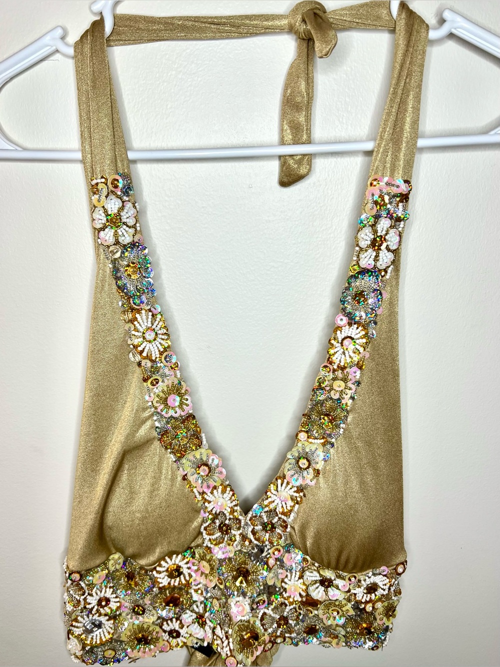 U Rock Couture Gold Sequin Rhinestone Halter Crop Top NWT Y2K Glam